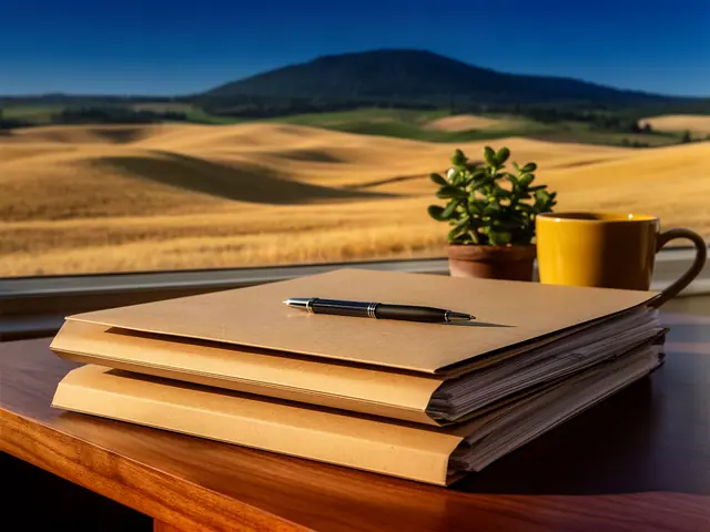 Stack of closed kraft folders with a pen on a wooden desk by a window overlooking golden wheat hills